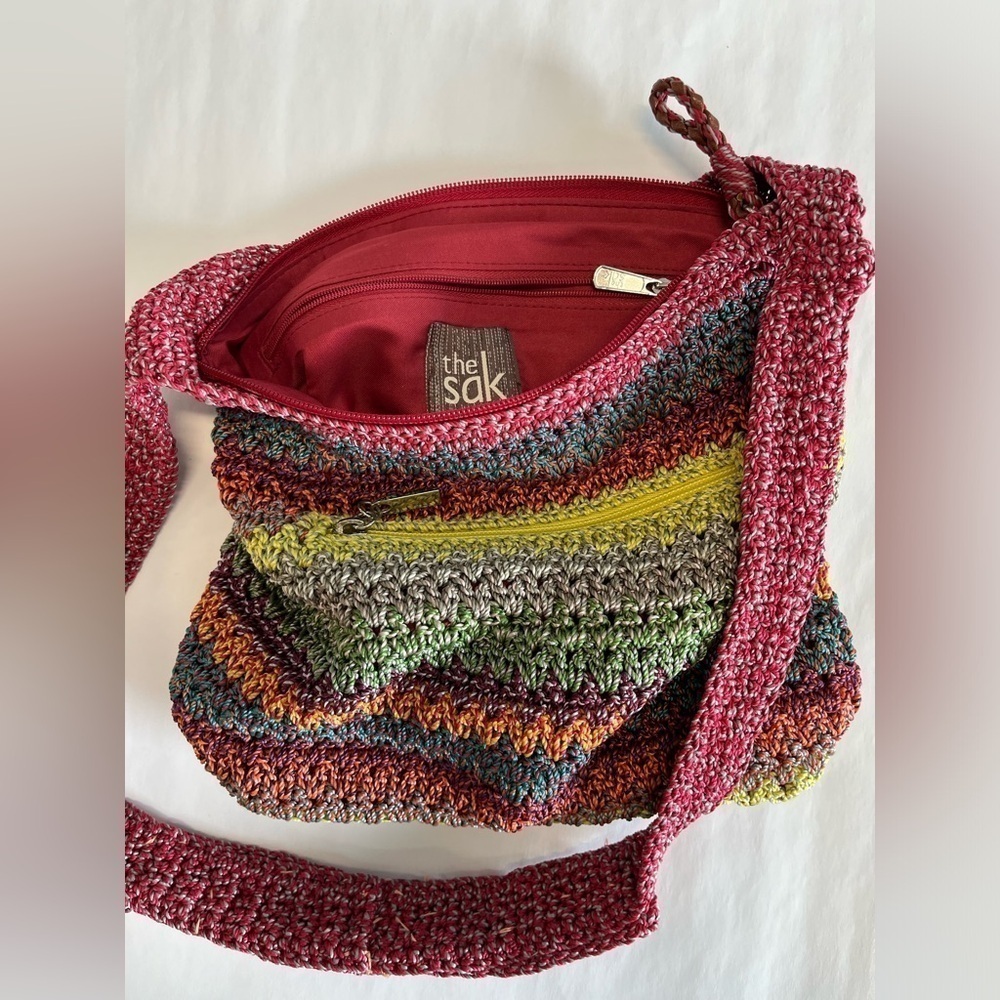 The SAK crochet shoulder bag purse red green orange Boho Hippie chic casual Y2K - Picture 5 of 9